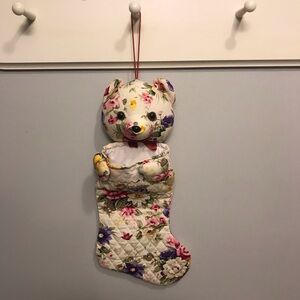 Vintage Quilted Floral Teddy Bear Christmas Stocking With Lace